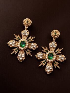 Regal Pearl Cross Flower Museum Earrings Goddess Gold Ornate StudVTG Baroque Art